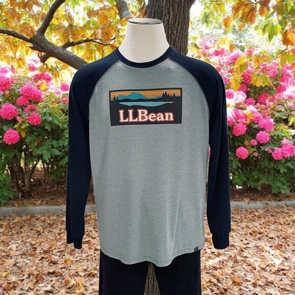 L.L.Bean Other - L.L.Bean Mens Long Sleeve Raglan Tee Slightly Fitted L Gray & Navy Cotton Blend